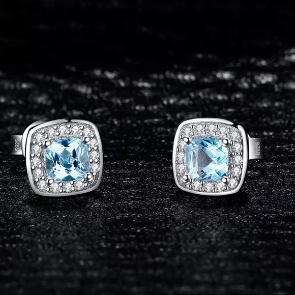Blue Topaz Stud Earrings 925 Sterling Silver - Picture 2 of 13